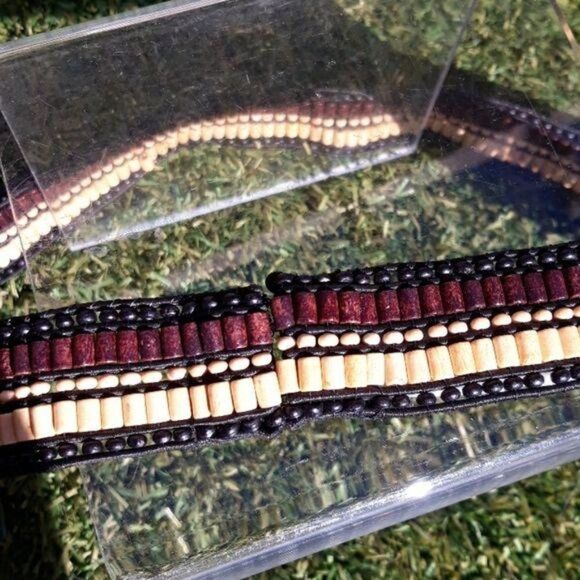 Loft Belt Beaded Tribal Wood 1" Cincher Hook Loop Brown Tan Black Sz M/L - Picture 2 of 8